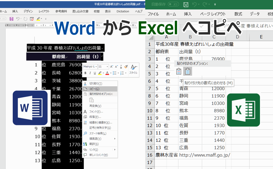 PDFをWordで開いたあと表データをコピーしてエクセル（Excel）に貼り付ける。